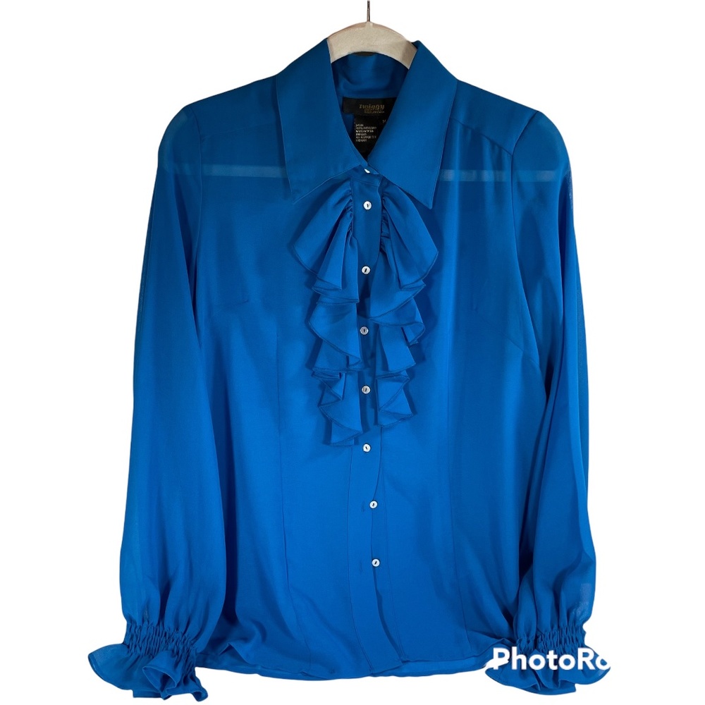 Twiggy London Womens Blouse Shirt Blue Ruffle Button Front Medium